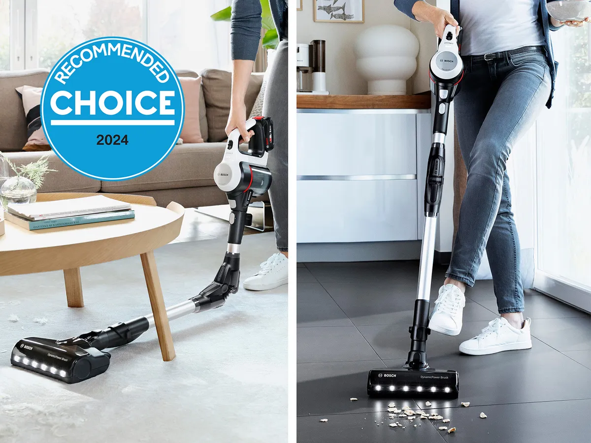 Collage of Bosch Choice award vacuum cleaning the floor.