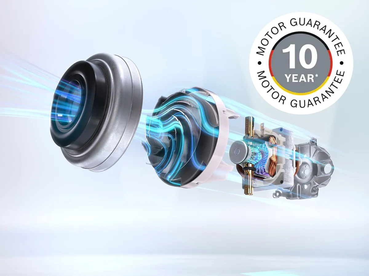 Bosch vacuum cleaner motor with 10-year motor  guarantee callout.