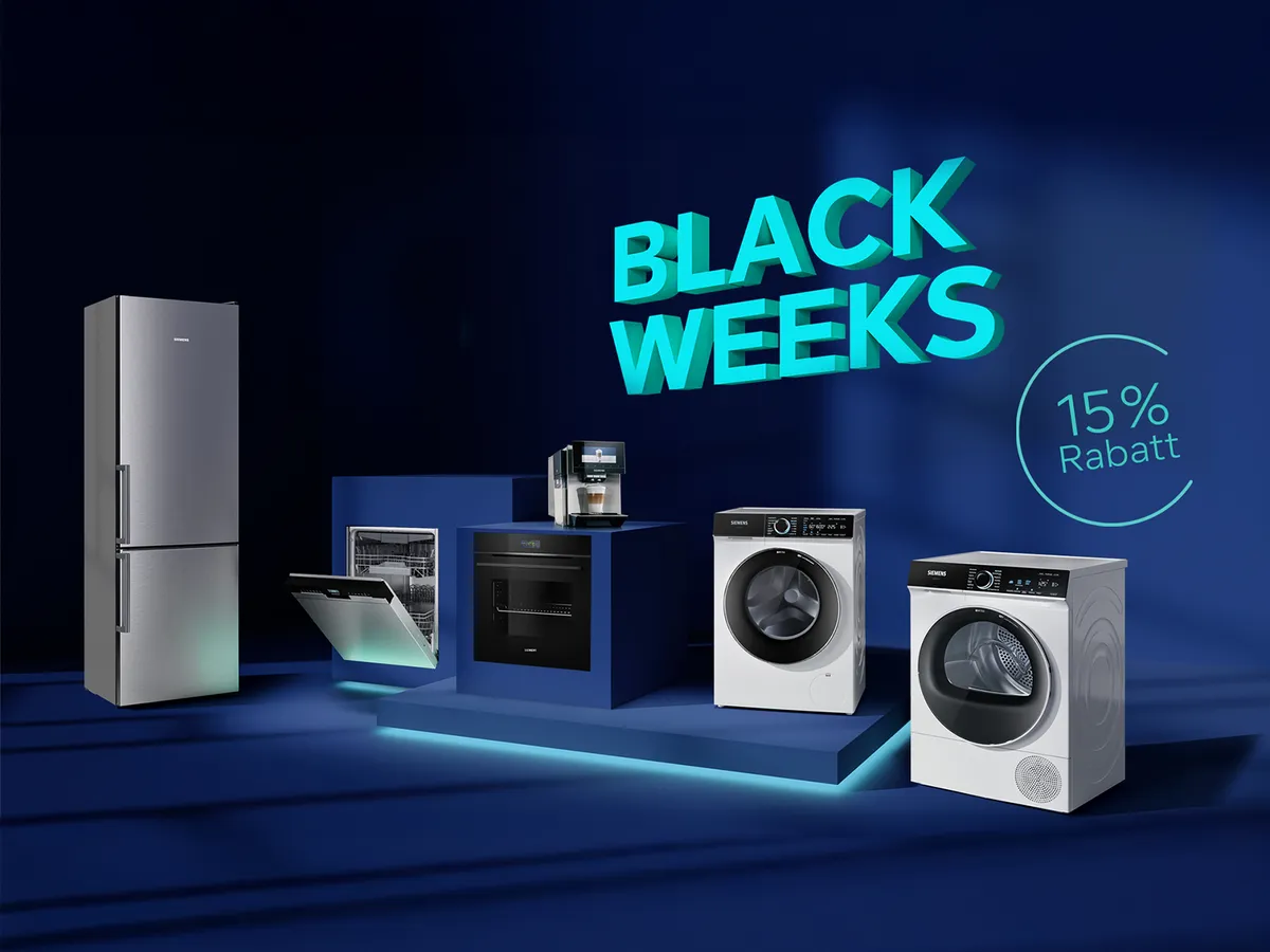 Dunkelblauer Raum mit Hausgeräten von Siemens und dem Hinweis auf die aktuelle Black Weeks Aktion mit 15 % Rabatt im Siemens Online Shop
