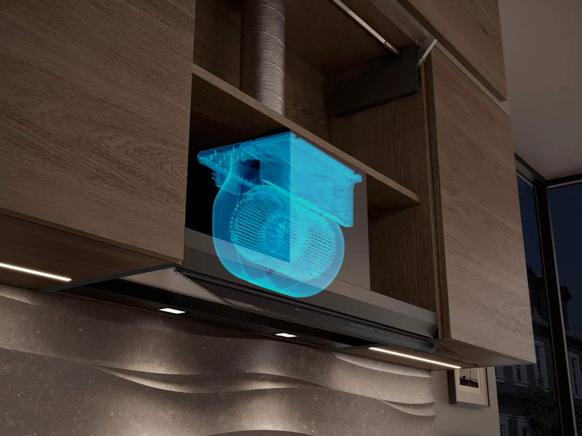 Un système de hotte de cuisine avec un superposition numérique montrant les composants internes du ventilateur.