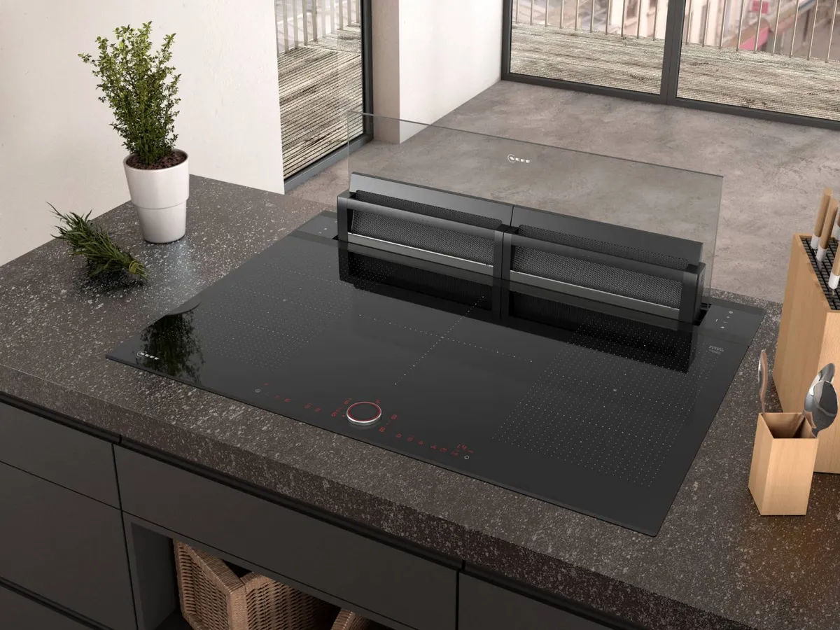 Neff Glassdraft hood on dark kitchen countertop