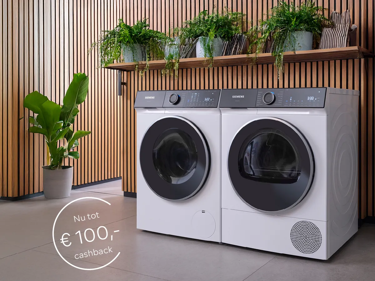 Siemens wasmachine en wasdroogcombinatie met een zwarte display en deur.