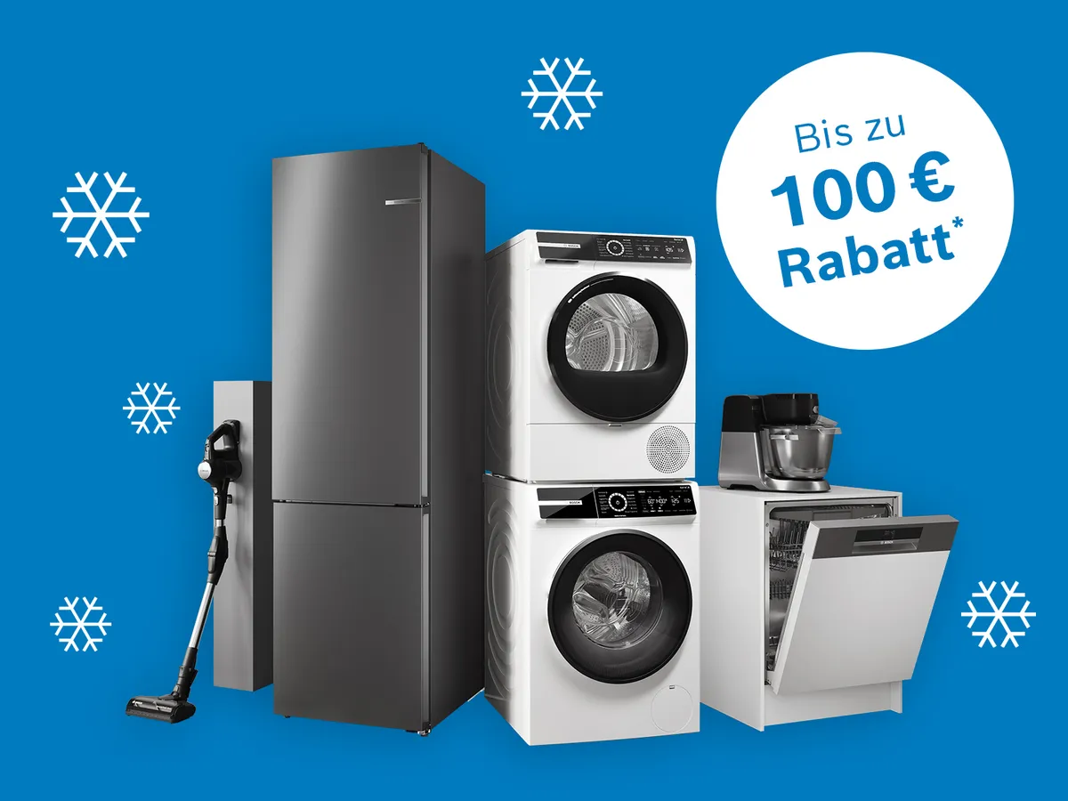 Haushaltsgeräte auf blauem Hintergrund mit Schneeflocken und dem Hinweis, dass es bis zu 100 € Rabatt im Bosch Online Shop gibt.