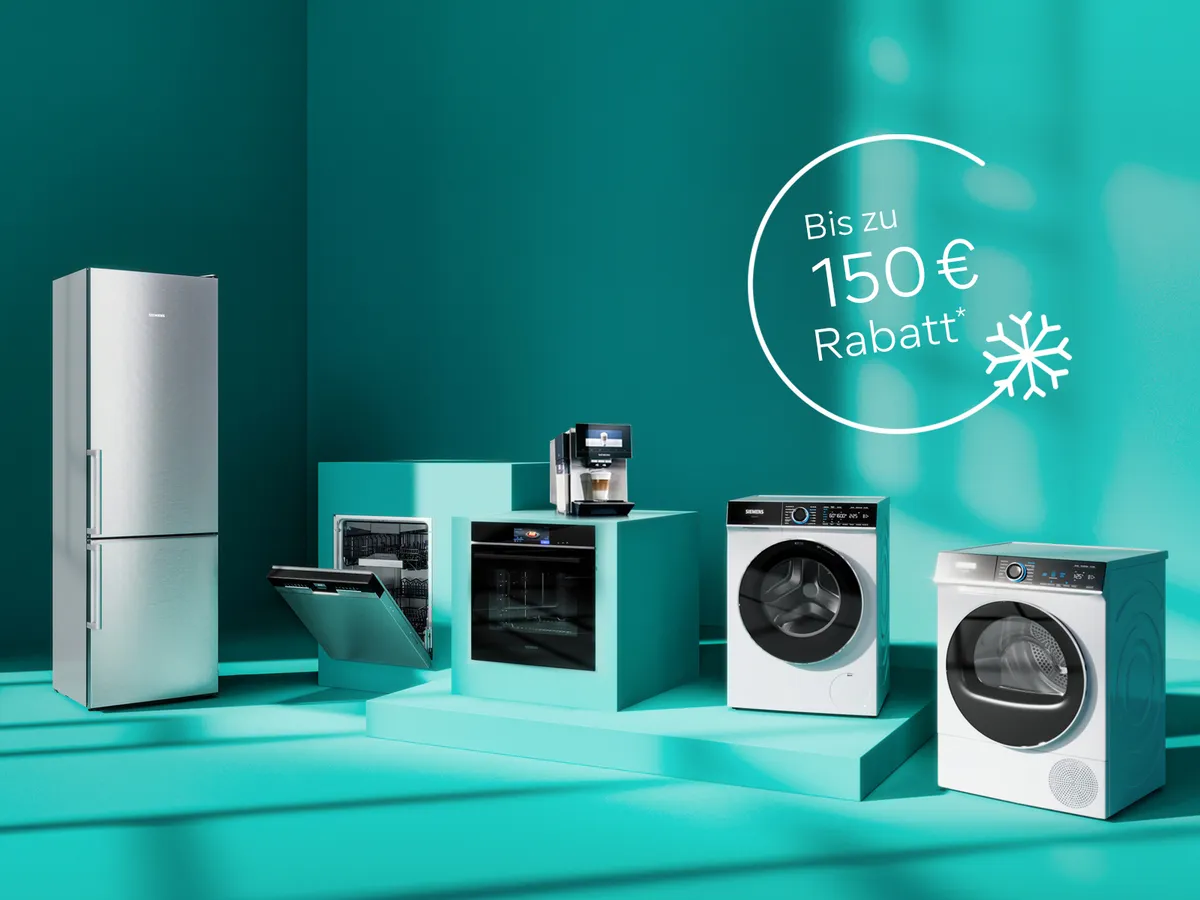 Petrolfarbener Raum mit Hausgeräten von Siemens und dem Hinweis auf die aktuelle Winter-Aktion mit bis zu 150 € Rabatt im Siemens Online Shop