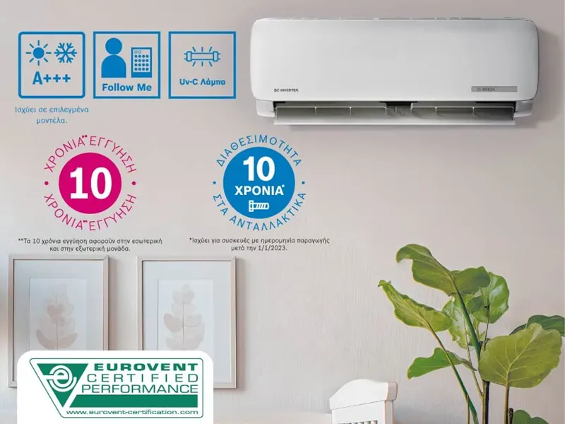 Σε ένα παιδικό δωμάτιο που κοιμάται ένα μωρό, έχει ένα άσπρο κλιματιστικό Bosch.