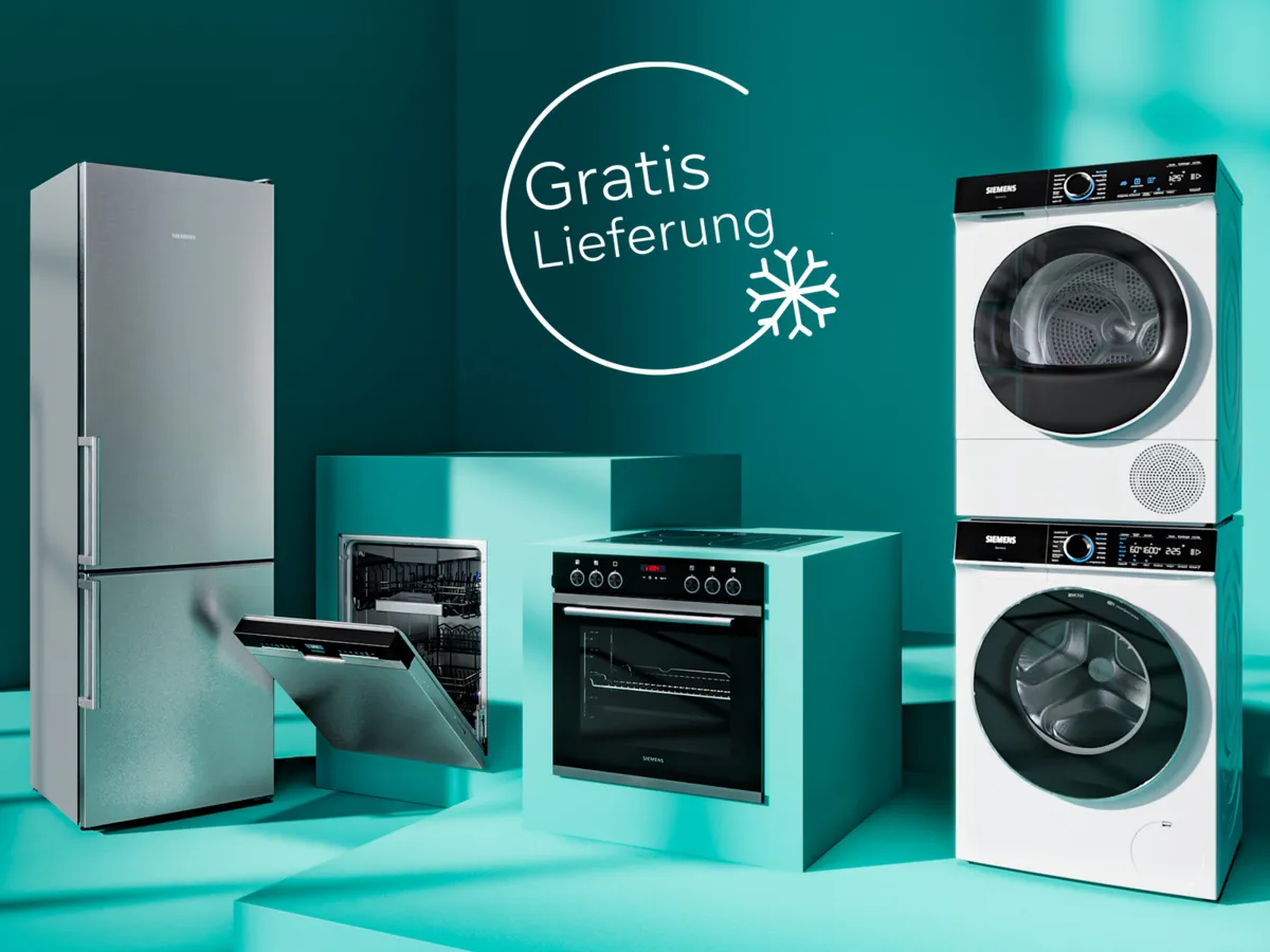 Eine moderne Küchenansicht mit einem silbernen Kühlschrank, Geschirrspüler, Ofen und Waschmaschinen-Trockner Kombination vor einem türkisfarbenen Hintergrund mit dem Text "Gratis Lieferung".