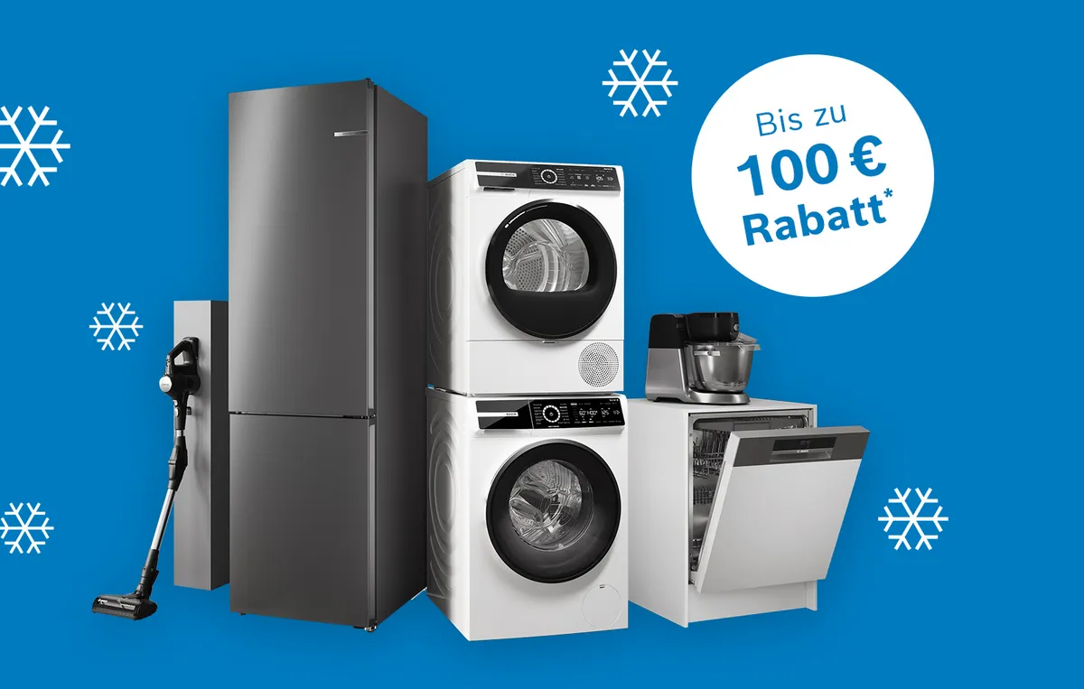Haushaltsgeräte auf blauem Hintergrund mit Schneeflocken und dem Hinweis, dass es bis zu 100 € Rabatt im Bosch Online Shop gibt.