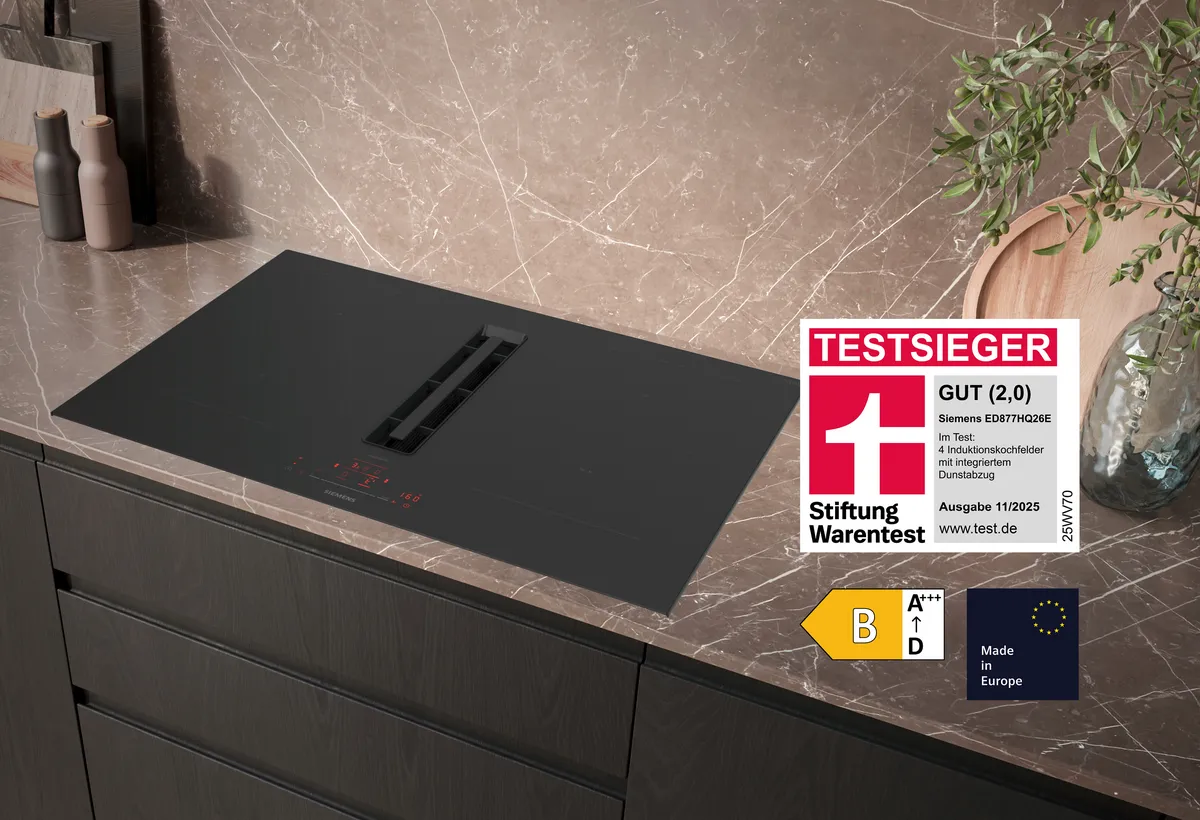 Siemens Induktionskochfeld mit integriertem Dunstabzug ED877HQ26E – Testsieger bei Stiftung Warentest mit dem Qualitätsurteil GUT (2,0), Ausgabe 11/2025.