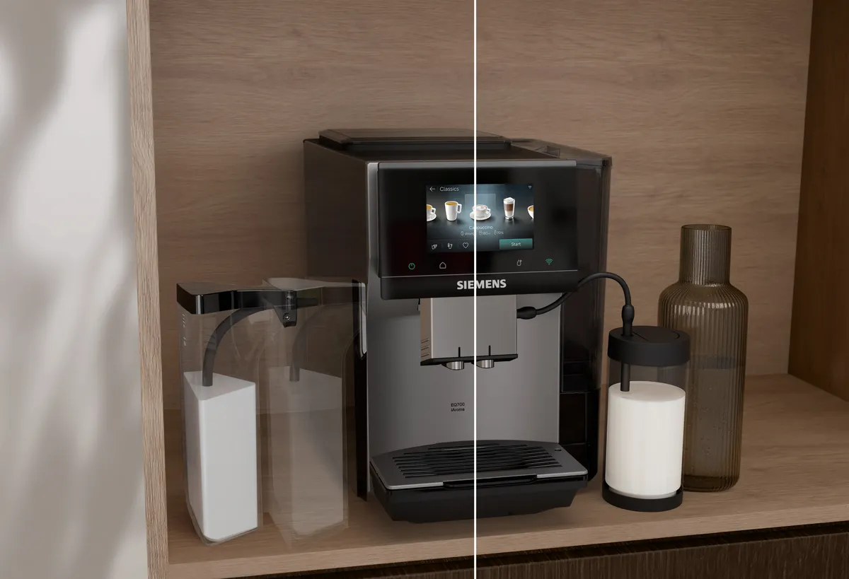 Siemens coffee machine with touchscreen showing two milk systems: an integrated fridge-safe container or a hose that draws milk from any jug.