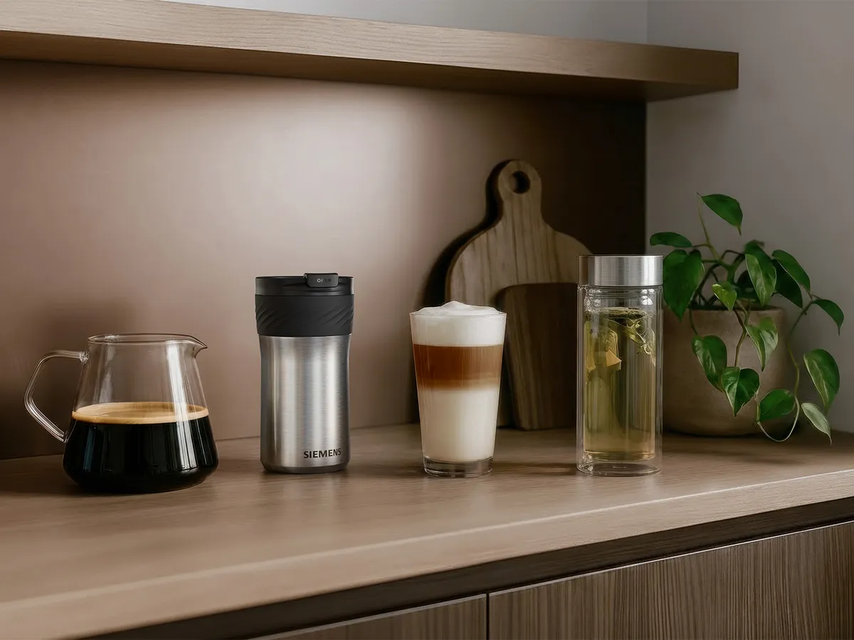 Kitchen countertop with Siemens travel mug, glass coffee carafe of dark coffee, layered latte in a clear glass, and a tall glass of tea with leaves and lemon; two wooden cutting boards and potted plant in background.