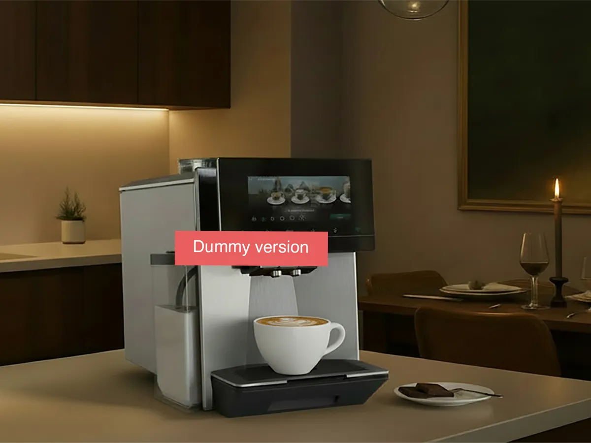 Siemens coffee machine with touchscreen and ready cappuccino in white cup: warm, softly lit kitchen in the background with dark cabinets, a small plant, and a set dining table with wine and candlelight.
