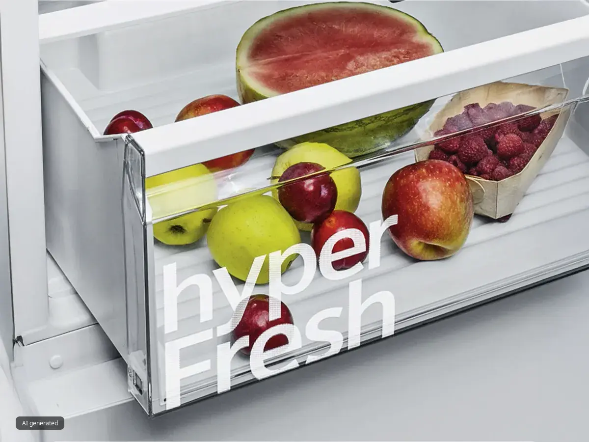 Crisper drawer labeled "hyperFresh" holding watermelon, apples and raspberries in a refrigerator.