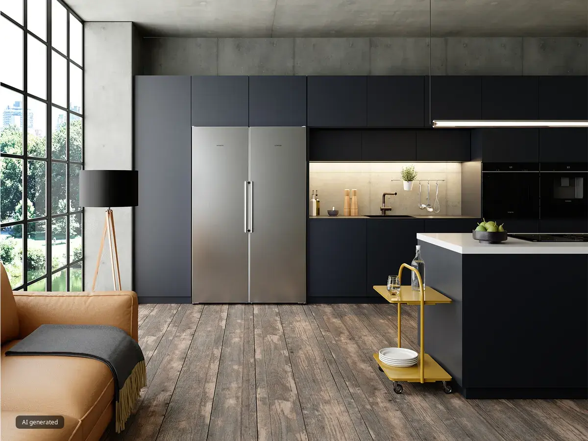 Modern kitchen featuring dark cabinetry, a large silver fridge, a yellow serving cart, and a cozy leather sofa beside expansive windows.