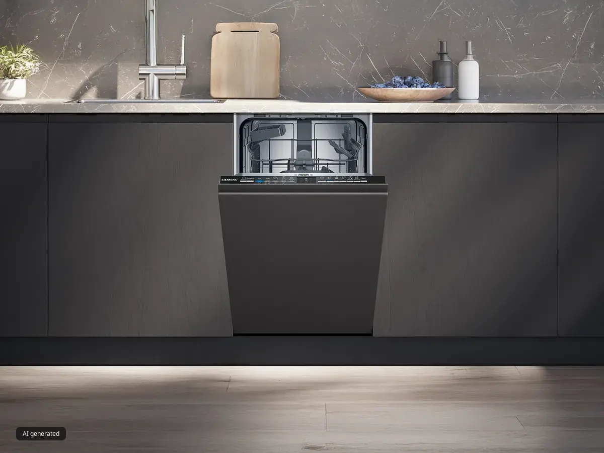 Moderní kuchyně s elegantní černou myčkou integrovanou do skříněk, s mramorovou pracovní deskou a minimalistickým dekorem.