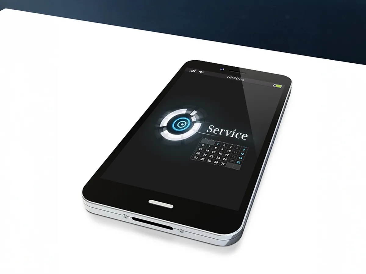 A smartphone displaying a modern interface with the word "Service" and a calendar graphic on the screen.