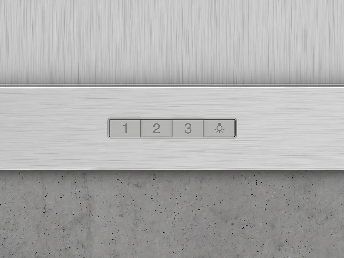 Close-up of a sleek, metallic control panel featuring numbered buttons 1, 2, 3 and a brightness icon, set against a concrete background.