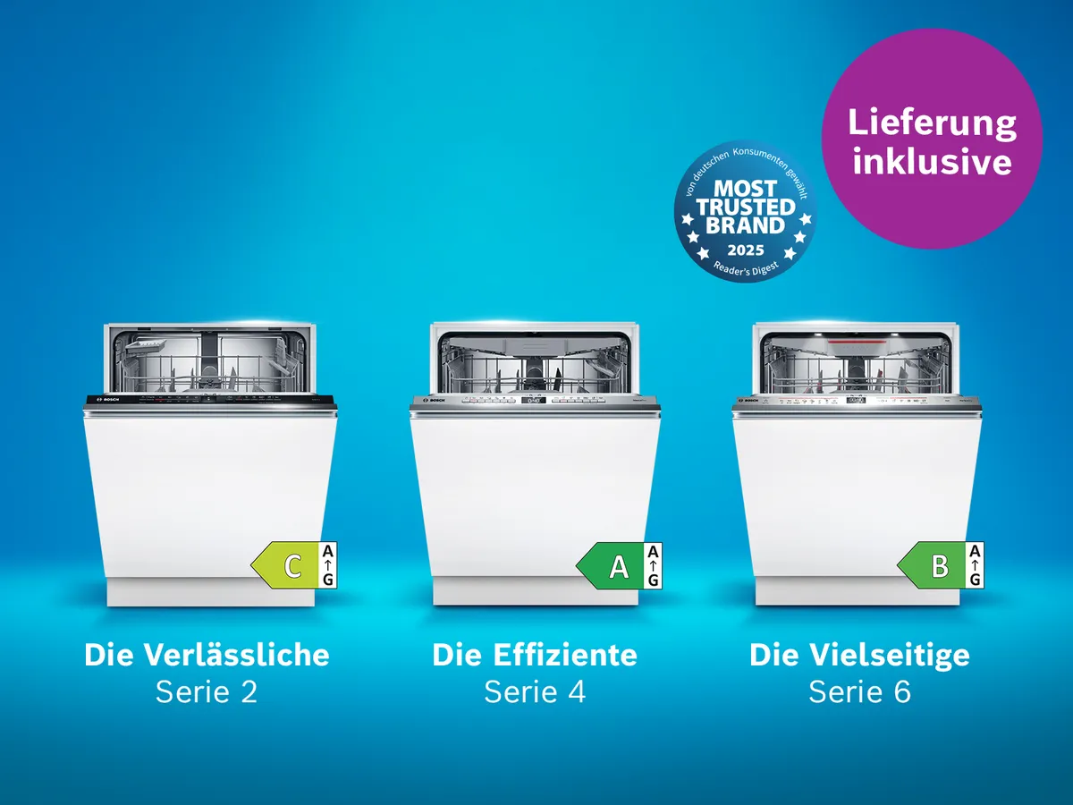 Blauer Hintergrund, auf dem drei Bosch Spülmaschinen zu sehen sind und der Hinweis auf kostenlose Lieferung jetzt im Online Shop