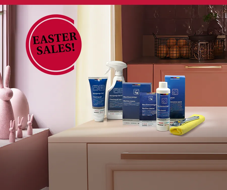 A countertop displays various cleaning products alongside a playful arrangement of decorative bunnies. "Easter Sales!" banner featured.