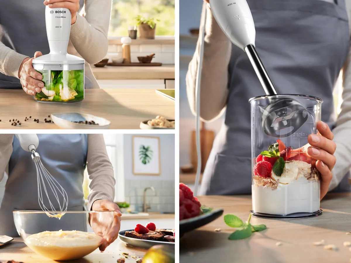 Vielseitiger Bosch Stabmixer: Zerkleinert Kräuter, mixt Smoothies und schlägt Sahne auf. Zeigt verschiedene Anwendungen.