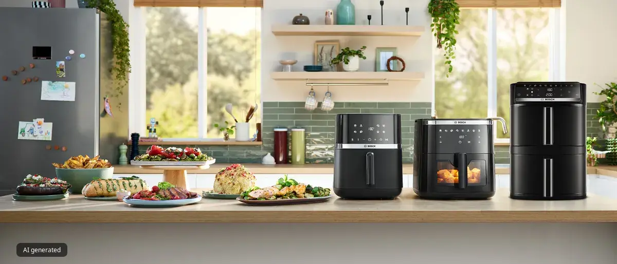 Moderne Küchenarbeitsplatte mit einer Heißluftfritteuse, einem Mini-Backofen und einem Multikocher, sowie zubereiteten Gerichten und Grünpflanzen vor hellem Hintergrund.
