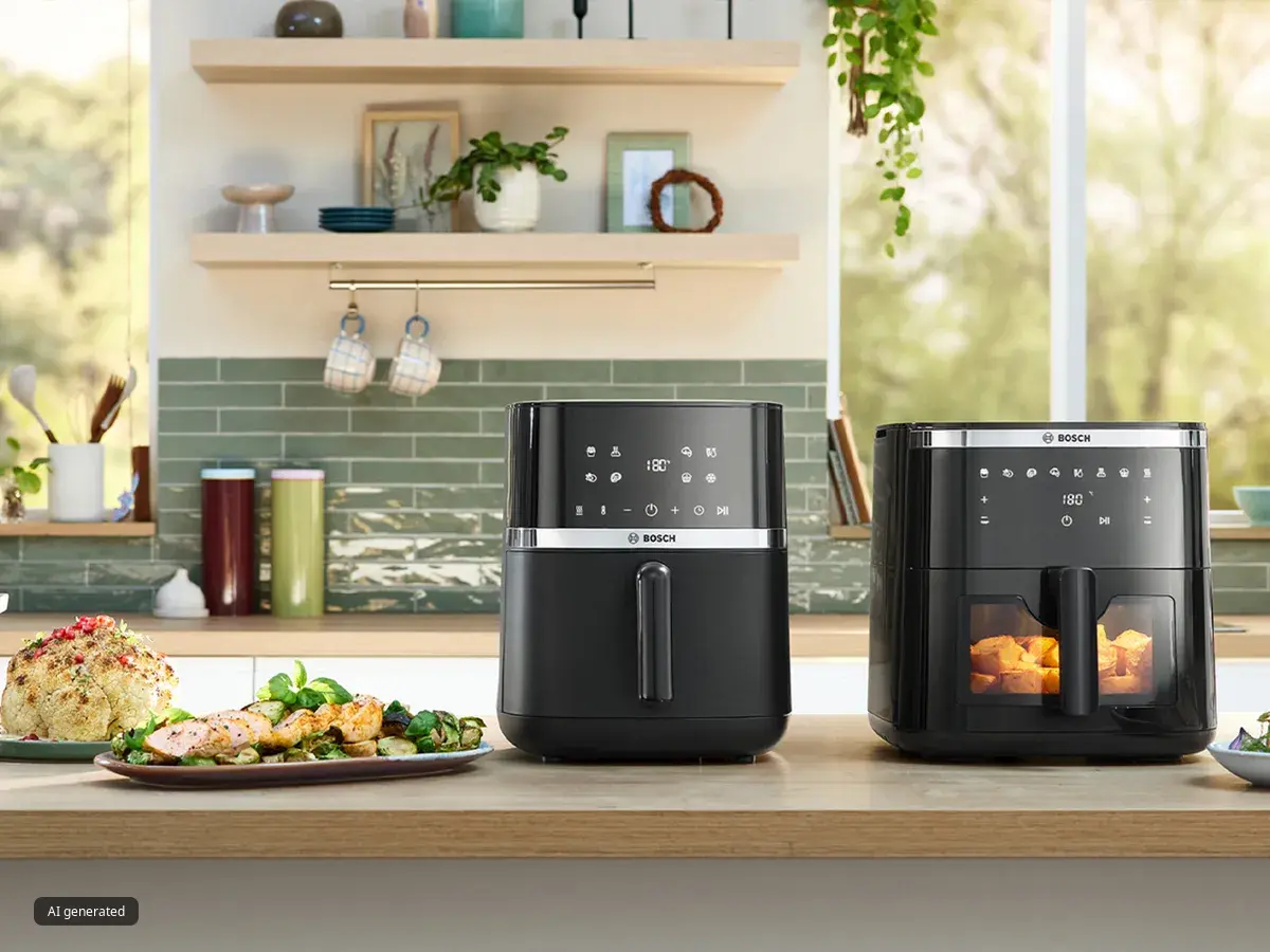 Zwei schwarze Heißluftfritteusen auf einer Küchenarbeitsplatte mit gekochtem Essen auf Tellern und grün gekachelter Rückwand im Hintergrund.