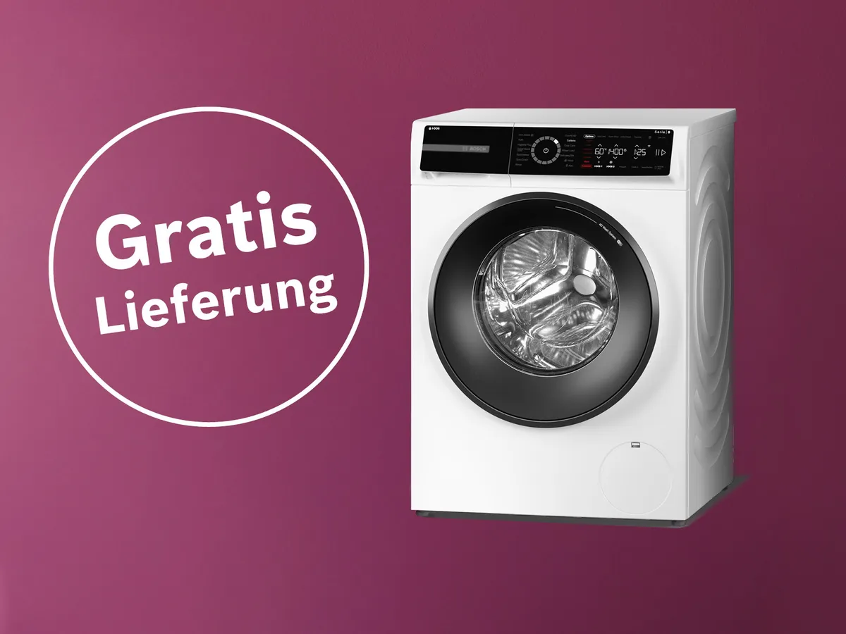 Frontansicht einer weißen Bosch Waschmaschine mit schwarzem Bedienfeld vor violettem Hintergrund, daneben ein Kreis mit dem Text 'Gratis Lieferung'.