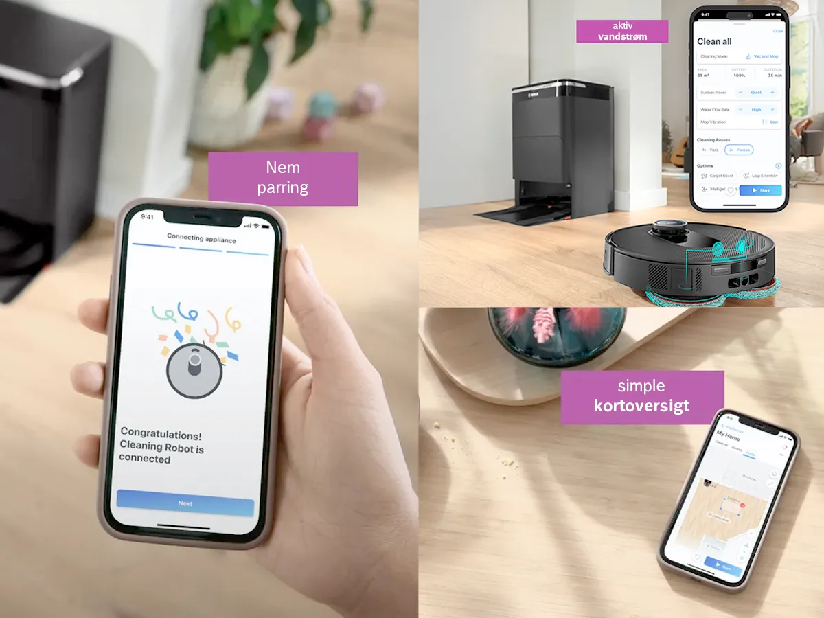 En hånd holder en iPhone, der viser Spotless tilsluttet Bosch Home Connect Appen.