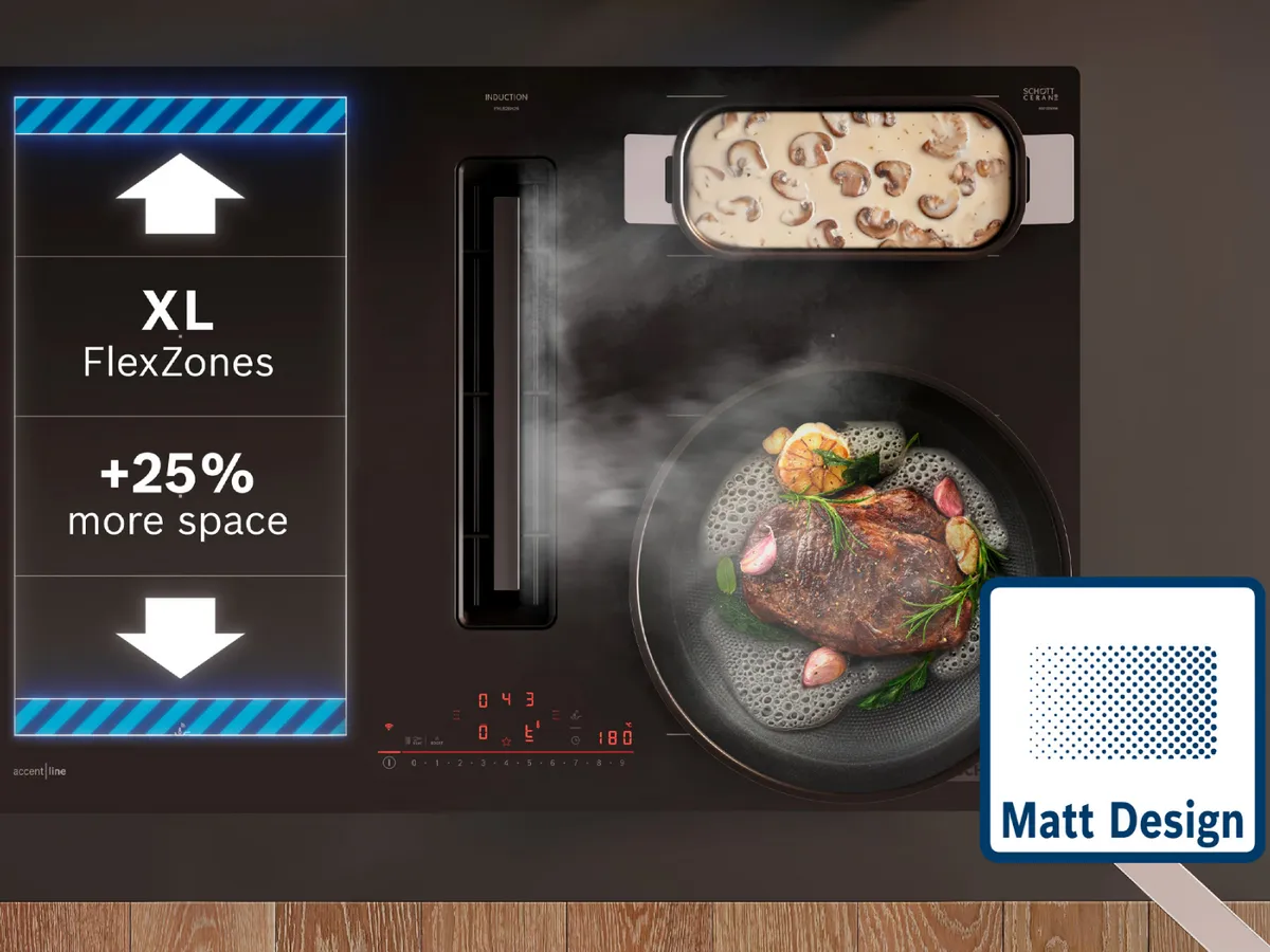 Bosch accent line Induktionskochfeld im Matt Design mit integriertem Dunstabzug und XL FlexZones.