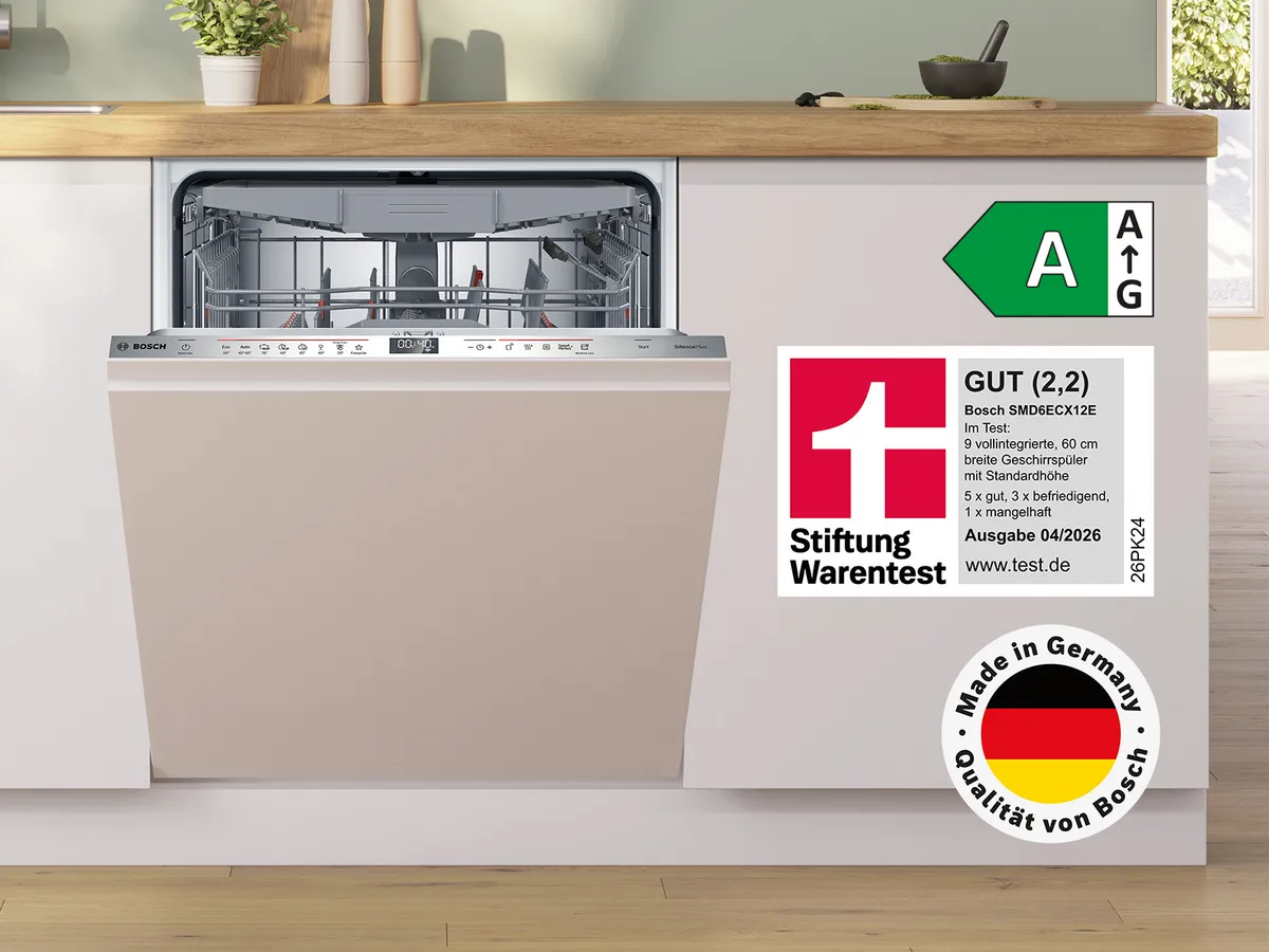 Bosch Einbaugeschirrspüler mit 'Stiftung Warentest' Bewertung, hebt ihre exzellente Leistung hervor.
