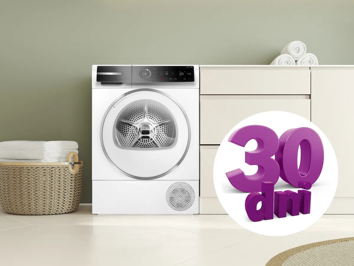 Jasny salon, suszarka i grafika promocji "30dni"