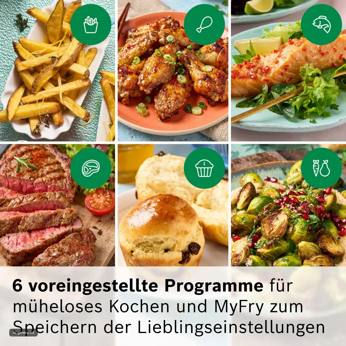 Collage verschiedener Heißluftfrittier-Gerichte (Pommes, Hähnchen, Lachs, Steak, Gebäck, Gemüse) mit Text zu 6 voreingestellten Programmen und MyFry zum Speichern von Lieblingseinstellungen.