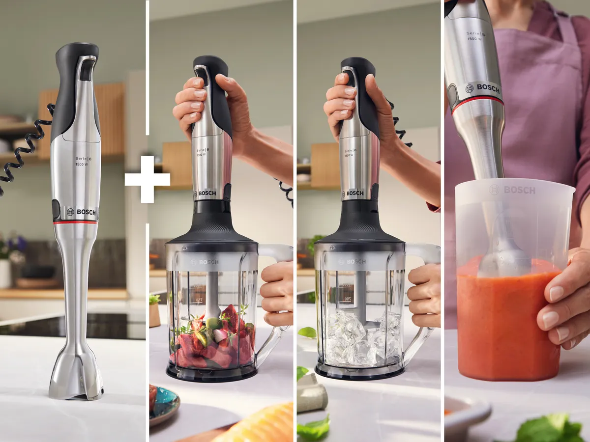 Vielseitiger Bosch Stabmixer: Er zerkleinert Erdbeeren und Eis im Zerkleinerer und püriert Suppe im Messbecher.