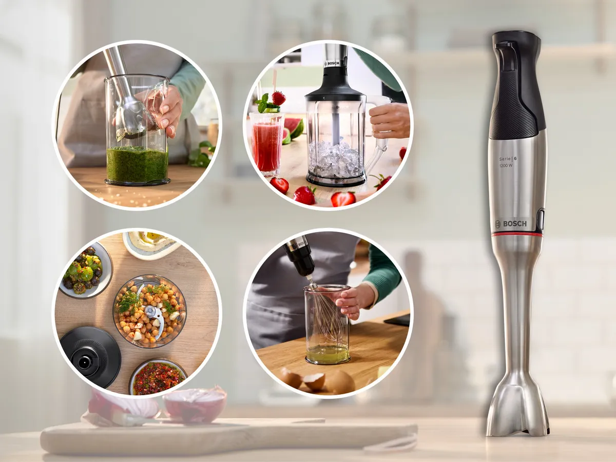 Stabmixer mit vier kleinen Bildern, die zeigen, wie er Pesto, Smoothies, Suppe und Soßen in Gläsern mixt.