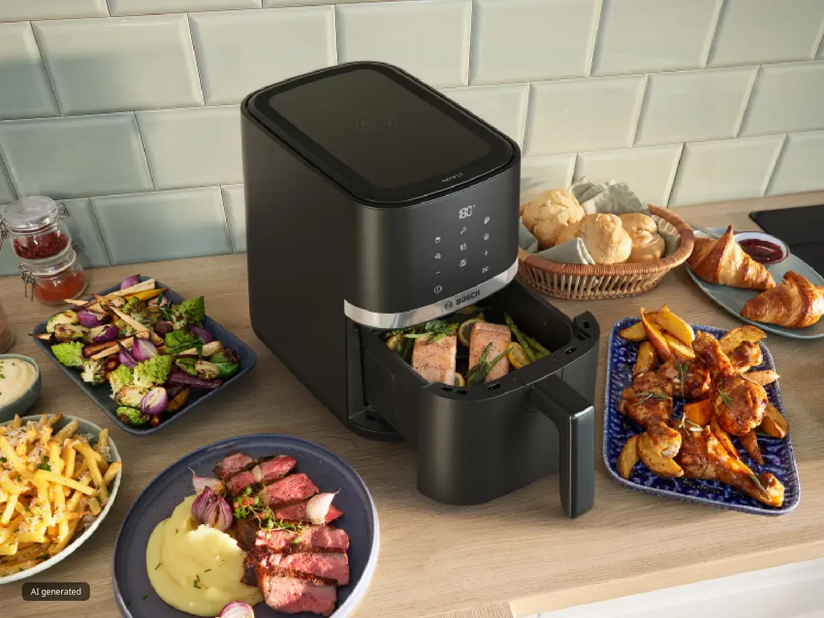 Ein Bosch Air Fryer Serie 2 steht auf einer Küchenarbeitsplatte, daneben stehen Teller mit verschiedenen köstlichen Gerichten.