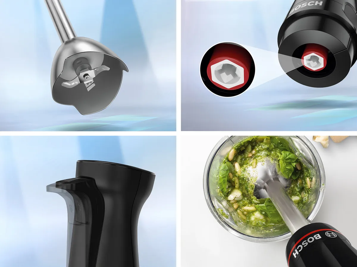 Nahaufnahmen vom Bosch Stabmixer: Klinge, Anschluss, ergonomischer Griff und wie er Pesto mixt. Zeigt Details und Funktion.