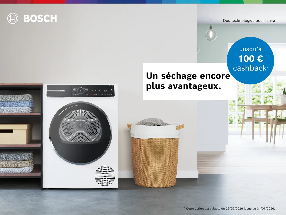 Sèche-linge blanc de Bosch avec l'emblème « jusqu'à 100 euros de cashback »
