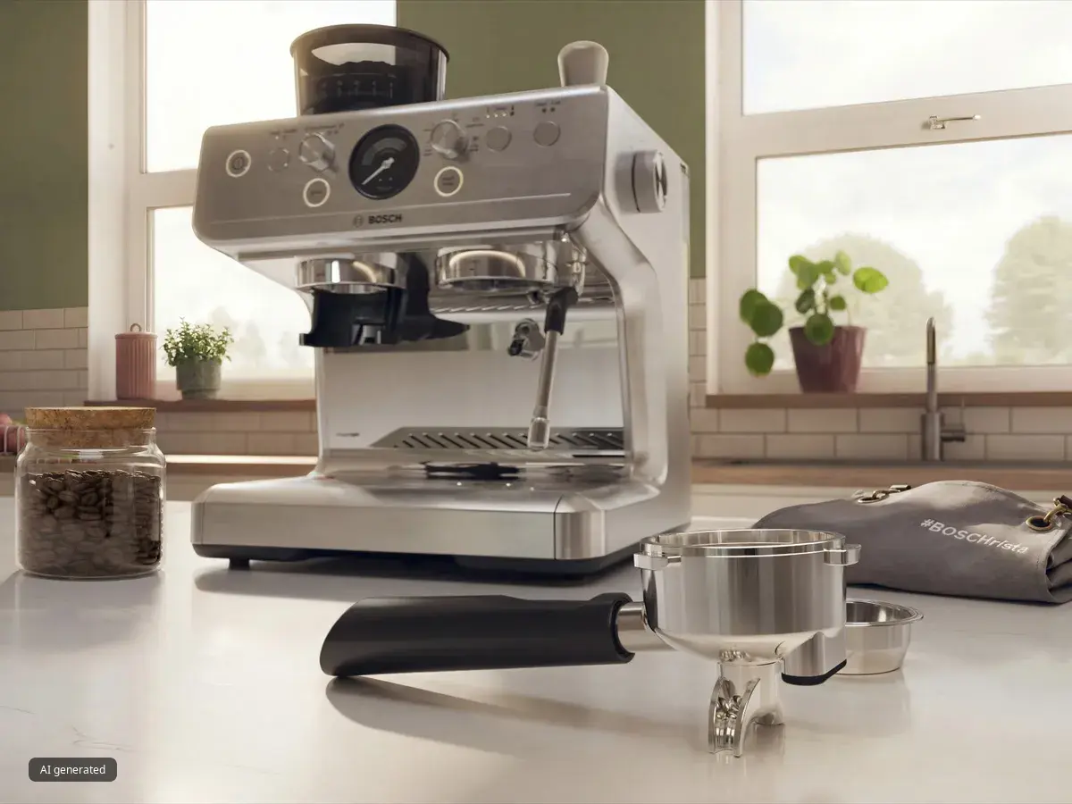 Espressomaschine aus Edelstahl mit Siebträger und Tamper auf einer Küchenarbeitsplatte, neben Kaffeebohnen und einer Topfpflanze.