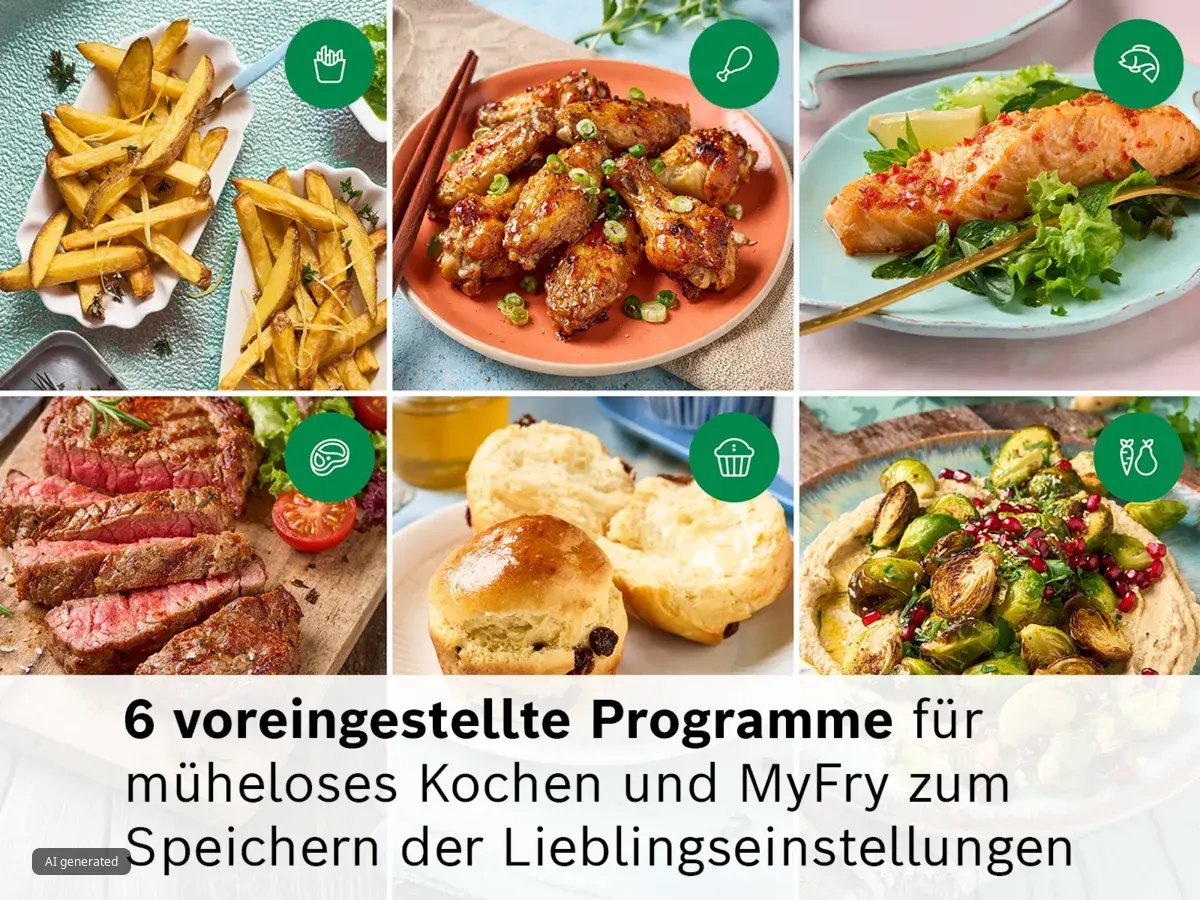 Collage verschiedener Heißluftfrittier-Gerichte (Pommes, Hähnchen, Lachs, Steak, Gebäck, Gemüse) mit Text zu 6 voreingestellten Programmen und MyFry zum Speichern von Lieblingseinstellungen.