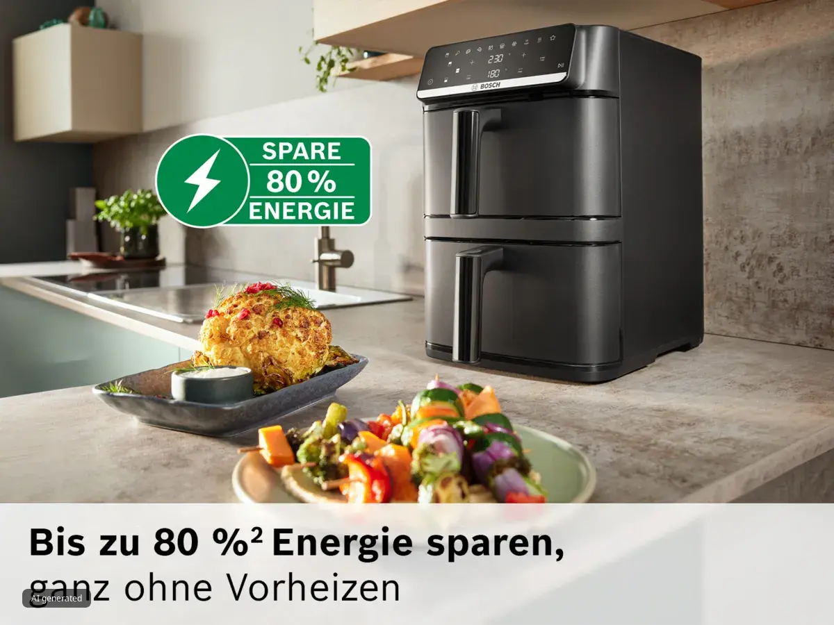 Bosch Doppel-Schubladen-Heißluftfritteuse auf Küchenarbeitsplatte mit geröstetem Essen, betont "SPARE 80% ENERGIE" und kein Vorheizen.