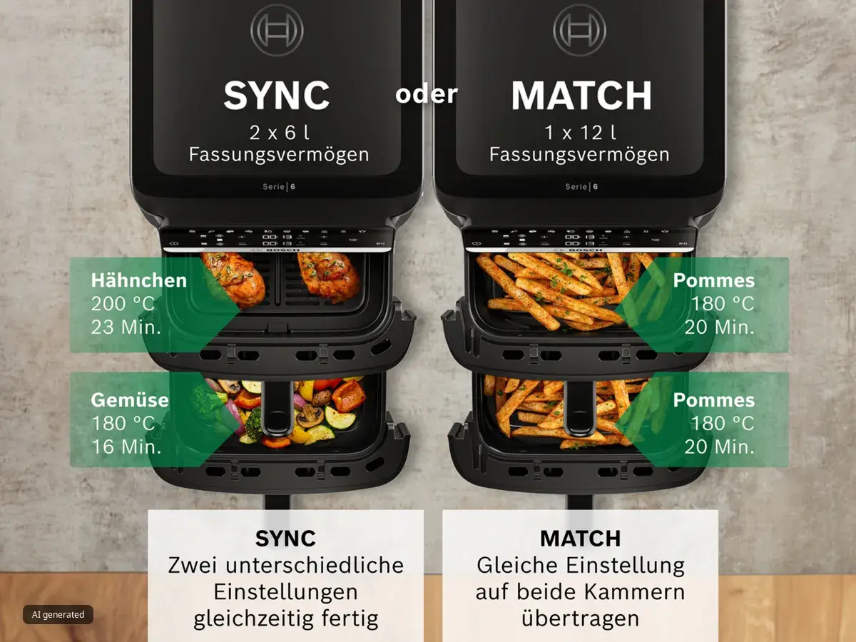 Bosch Doppel-Schubladen-Heißluftfritteuse zeigt SYNC-Modus (Hähnchen/Gemüse, unterschiedliche Einstellungen) und MATCH-Modus (Pommes, gleiche Einstellungen für beide 12L Schubladen).