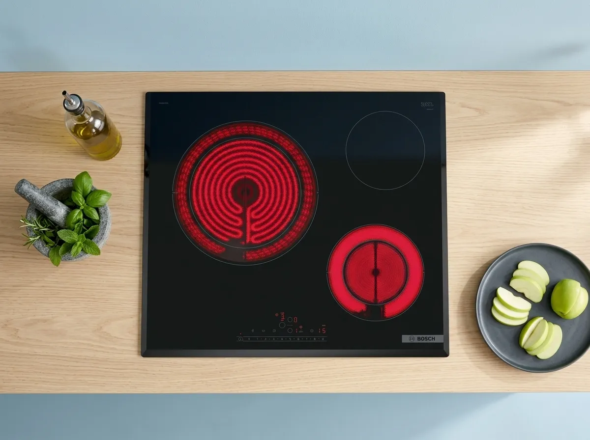 A modern ceramic hob on a wooden kitchen countertop, surrounded by apples and kitchen utensils.