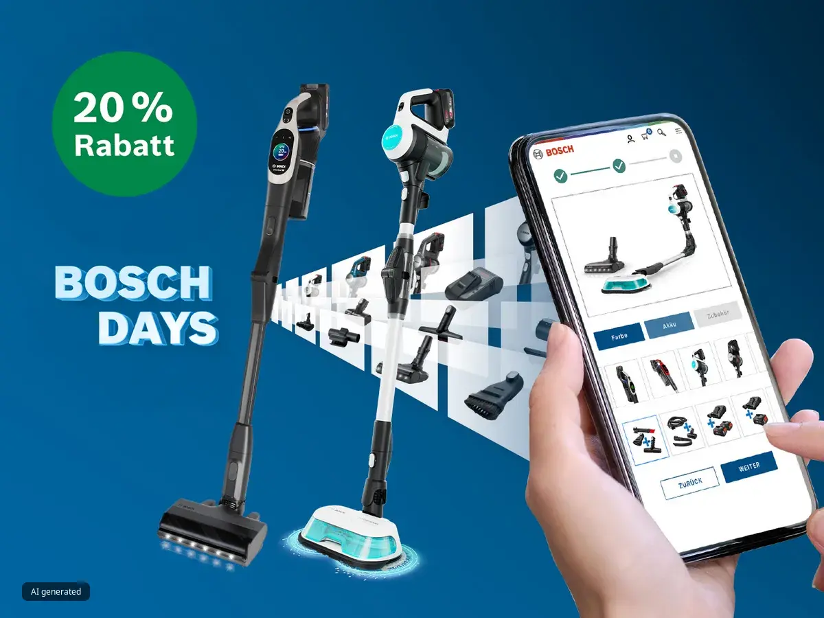 Zwei kabellose Staubsauger von Bosch mit Zubehör und eine Hand, die ein Smartphone mit einer Bosch-Produkt-Shopping-App hält.