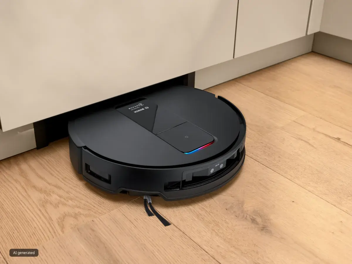 A black robot vacuum cleaner is shown on a light-colored wood floor, partially tucked underneath a white cabinet. The vacuum has a glowing purple and blue light on its top surface.