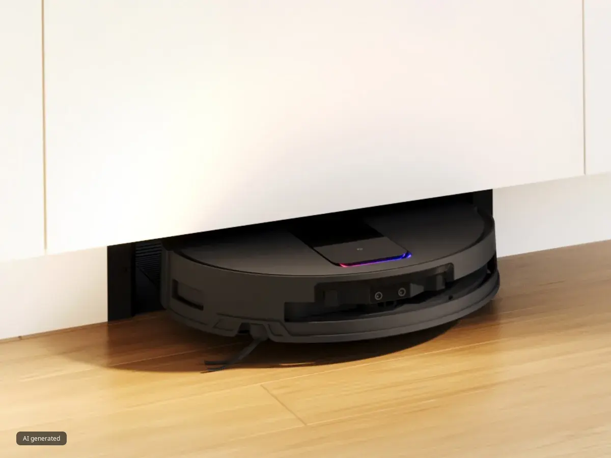 A black robot vacuum cleaner is shown on a light-colored wood floor, partially tucked underneath a white cabinet. The vacuum has a glowing purple and blue light on its top surface.
