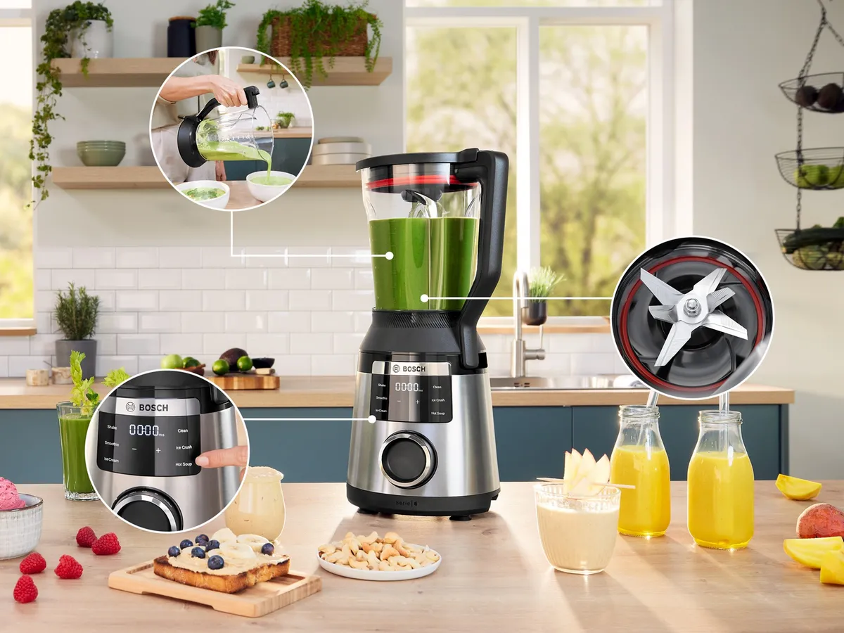 Bosch Hochleistungsmixer mit leistungsstarkem Edelstahlmesser für grüne Smoothies, Säfte und cremige Mixgetränke.