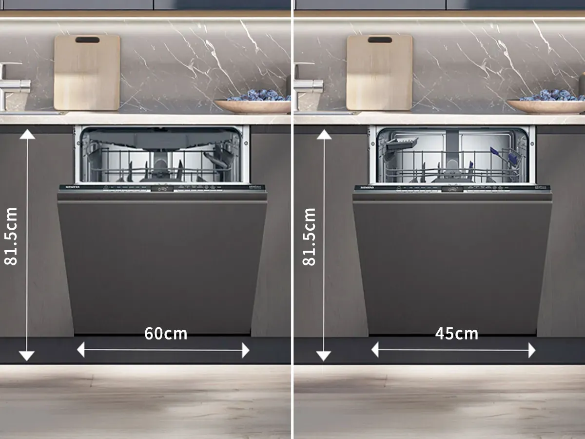 Side-by-side comparison of two dishwashers, showing dimensions of 81.5 cm and 86.5 cm in height, both 60 cm wide, set in a modern kitchen.