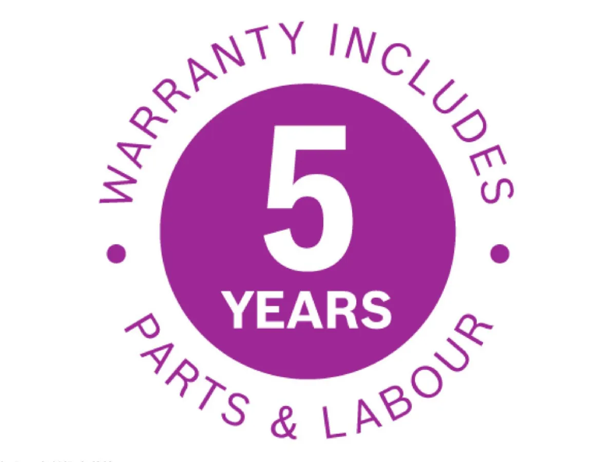 Purple circular warranty badge with a large "5 YEARS" in the center and the surrounding text "WARRANTY INCLUDES · PARTS & LABOUR."
