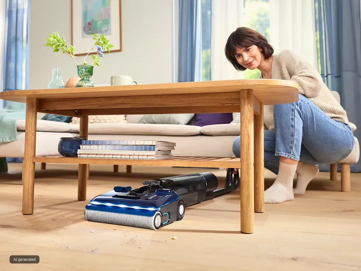 Eine Frau beobachtet, wie ihr flacher Akku-Staubsauger mühelos unter einem Couchtisch reinigt, und lächelt dabei.