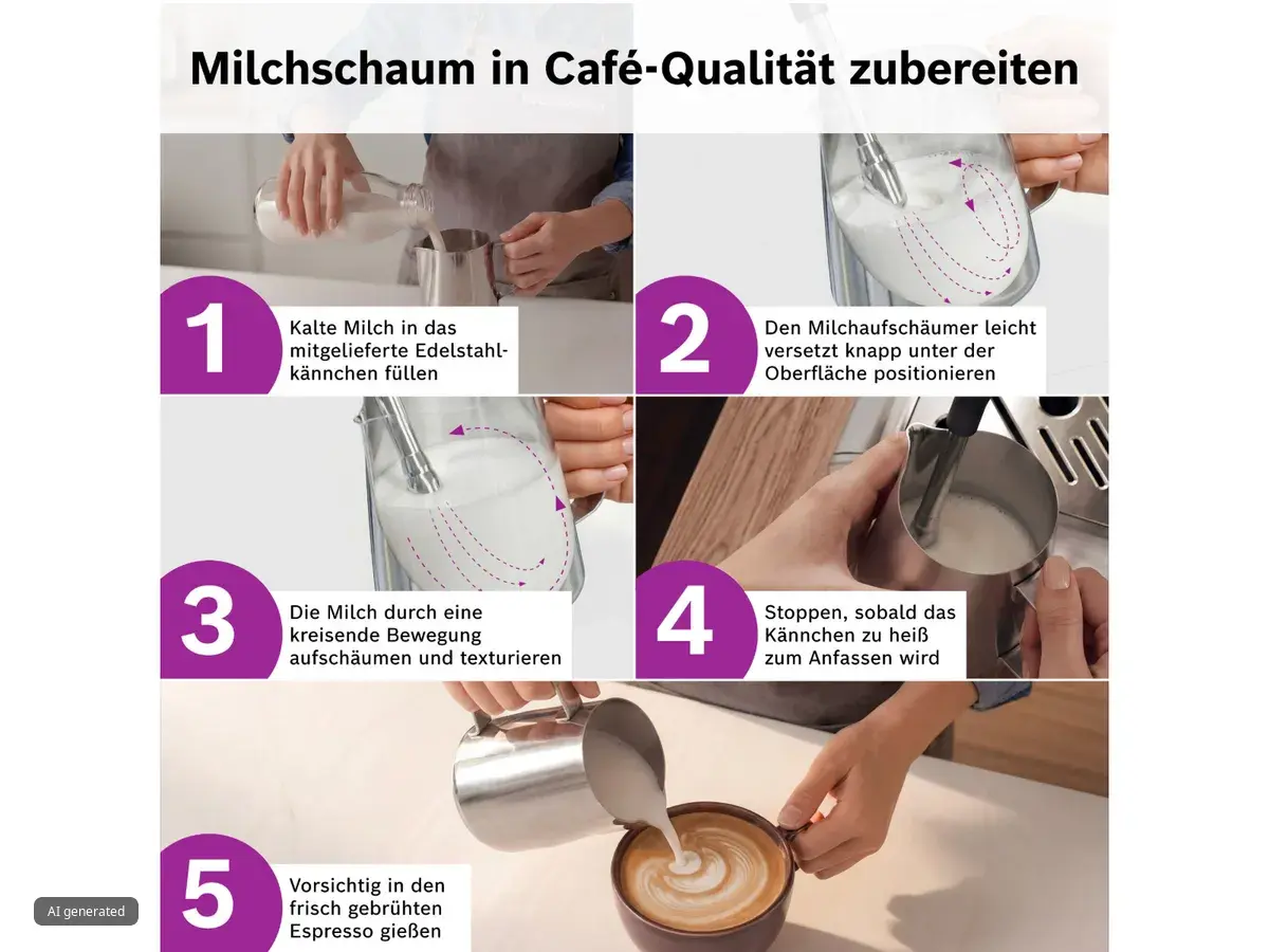 Infografik zur Zubereitung von Café-Milchschaum in fünf Schritten: Milch erhitzen, aufschäumen, Kanne bewegen und Espresso eingießen.