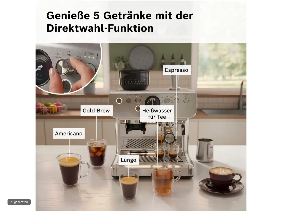 Küchenarbeitsplatte mit Genieße 5 Kaffeegetränken zur Direktwahl: Espresso, Cold Brew, Heißwasser für Tee, Americano und Lungo.